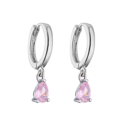 Gold Plated 18K Hoop Earrings Rectangle Water Drop Pink Zircon Diamond Pendant