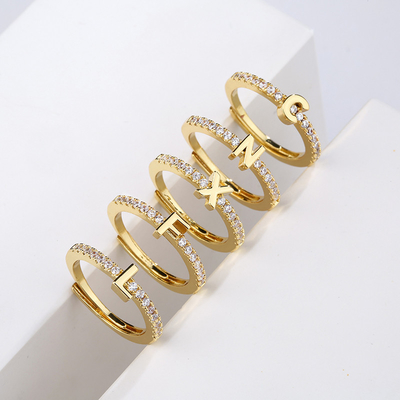 18K Gold Plated Initial Letter Diamond Ring Adjustable 925 Sterling Silver Zircon Alphabet Rings Bands