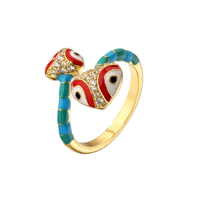 Colorful 24k Gold Plated Enamel Diamond Ring Open Heart Cobra Zircon For Women Girls