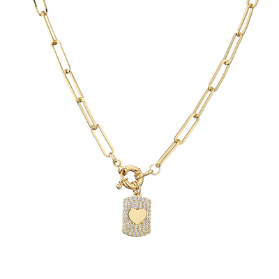 Diamond Zircon 18k Gold Plated Necklace Heart Pendant Paper Clip Link Chain Choker