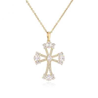 Zircon 24k Gold Plated Cross Pendant Necklace 925 Sterling Silver Crystal Choker