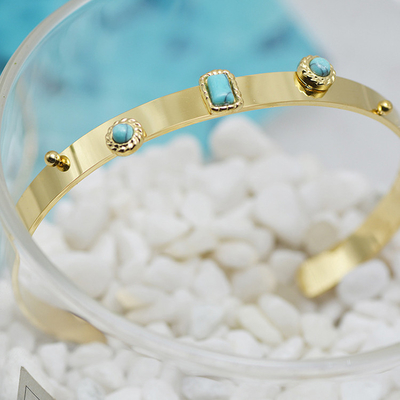Natural Stone Turquoise 18K Gold Plated Bangles For Women Adjustable