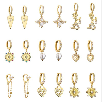18k Gold Plated Diamond Pendant Earrings Heart Bee Mermaid Zircon Charm