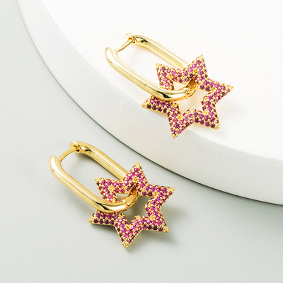 Colorful Diamond Star Pendant Hoop Charm Earrings 18k Gold Plated Zircon
