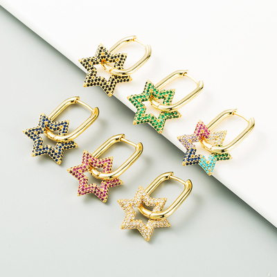 Colorful Diamond Star Pendant Hoop Charm Earrings 18k Gold Plated Zircon