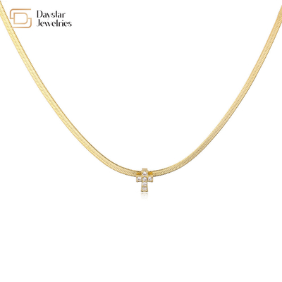 14k Stainless Steel Flat Snake Chain Necklace Cross Diamond Zircon Pendant