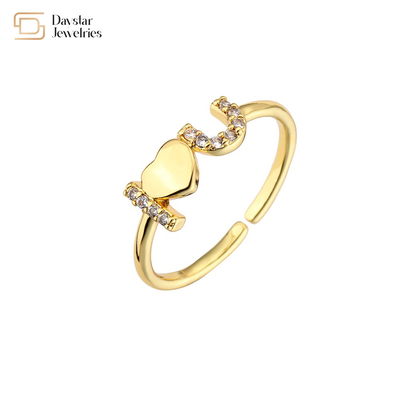 Love Heart Diamond 18k Gold Jewelry Cubic Zirconia Rings Adjustable Letter Bands