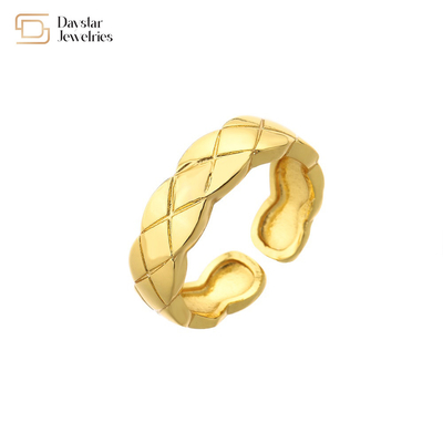 18k Real Gold Plated Wide Band Rings Couple Wavy Texture Adjustable