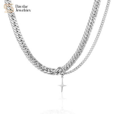 Hip Hop Cuban Link Chain Necklace Titanium Steel Cross Pendant Double Layer