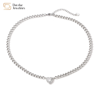 Love Diamond Zircon Charm Heart Pendant Necklace Stainless Steel Cuban Link Chain