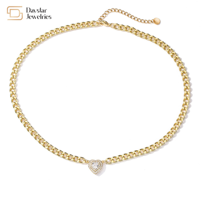 Love Diamond Zircon Charm Heart Pendant Necklace Stainless Steel Cuban Link Chain