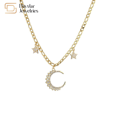 Gold Plated Diamond Star Moon Pendant Hoop Earrings Cuban Link Necklace Set