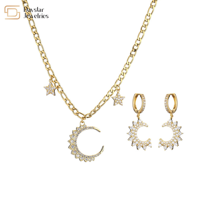 Gold Plated Diamond Star Moon Pendant Hoop Earrings Cuban Link Necklace Set