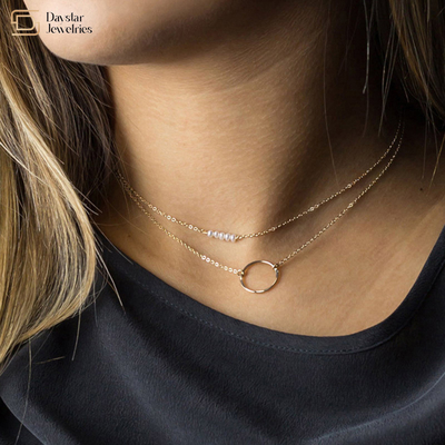 Stainless Steel Simple Layered Necklace Circle Pearl Pendant Clavicle Chain Choker