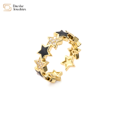 Gold Plated Zircon Diamond Star Rings Colorful Enamel Pentagram Adjustable Open