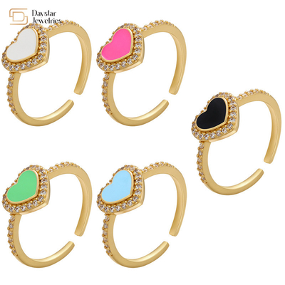 Women Gold Plated Jewellery Enamel Heart Ring Diamond Zircon Adjustable