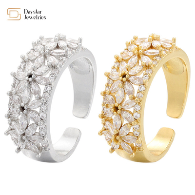 Gold Plated Flower Diamond Rings Adjustable Natural Zircon Stone Women 18k Jewelry