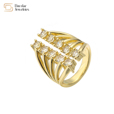 Opening Adjustable 14K Gold Plated Row Diamond Ring Crystal Zircon For Women Men