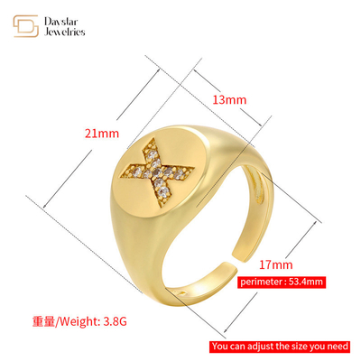 Adjustable Rhinestone Diamond Initial Ring , Chunky Zircon Gold Plated Letter Ring