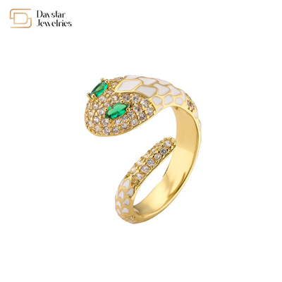 Snake Colorful Enamel Green Diamond Zircon Cobra Ring Cute Adjustable Open