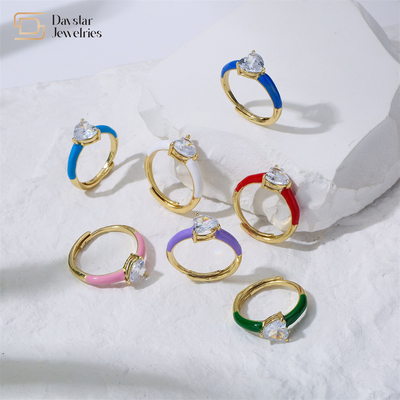 Enamel Heart Diamond Rings , Opening Adjustable Zircon Love Heart Band Ring