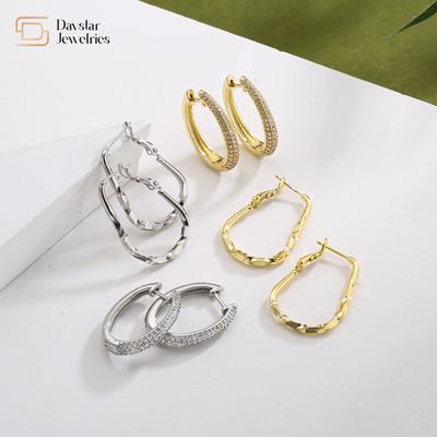 Geometric Rhinestone 18k Gold Plated Earrings , Diamond Huggie Hoop Earrings