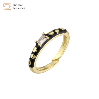 Adjustable Open Black Enamel Rings , Gold Plated Baguette Diamond Rings