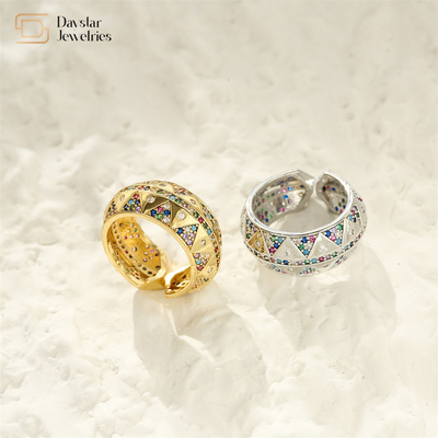 Wide Bands 24k Gold Plated Rings Adjustable Colorful Zircon Diamond