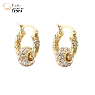 Gold Plated Rhinestone Hoop Earrings , Twist Diamond Ball Charm Pendant Earrings