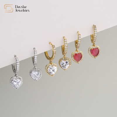 24k Gold Plated Diamond Brass Hoop Earrings , Zircon Crystal Heart Dangle Drop Earrings