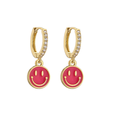 Oil Drop 14k Gold Earrings Jewelry Cute Smile Round Gold Enamel Hoop Earrings