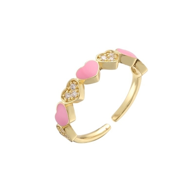 18k Diamond Adjustable Finger Ring Gold Pink Enamel Heart Ring OEM