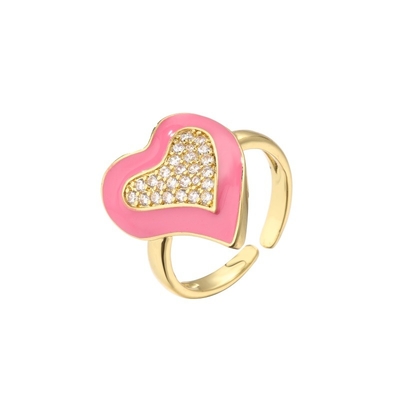Women 18K Diamond Ring Pink Rhinestone Enamel Heart Ring OEM