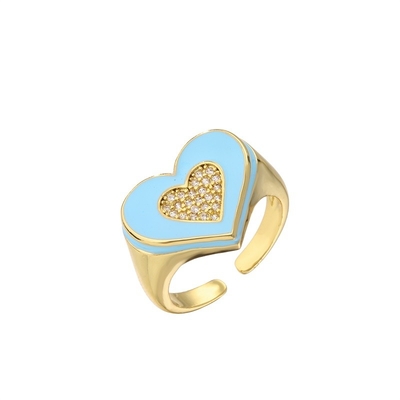 Micro Pave 18K Diamond Ring Gold Plated Heart Drop Oil Chunky Gold Heart Ring