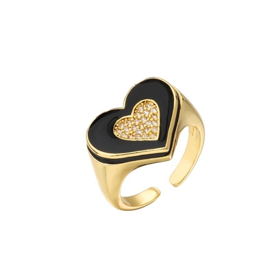 Micro Pave 18K Diamond Ring Gold Plated Heart Drop Oil Chunky Gold Heart Ring