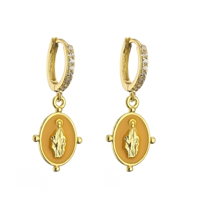 Crystal Rhinestone Hoop Earrings Gold Plated Virgin Mary Pendant OEM