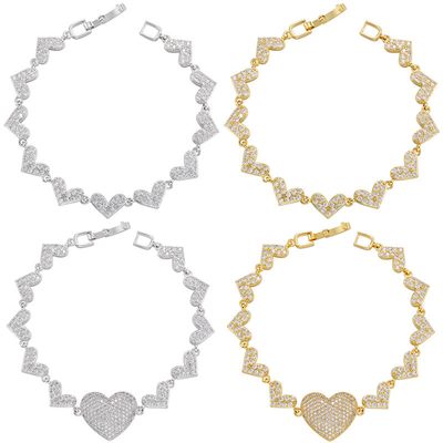 OEM 18K Gold Bracelet Chains Jewelry Micro Zircon Love Heart Shaped Tennis Bracelet