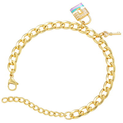 Inlay Zircon 18 Karat Gold Plated Chain Micro Cuban Link Bracelet Key Lock