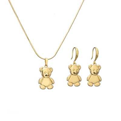 Bear S925 Sterling Silver Jewelry Gold Plated Glossy Dangle Earrings And Necklace Set